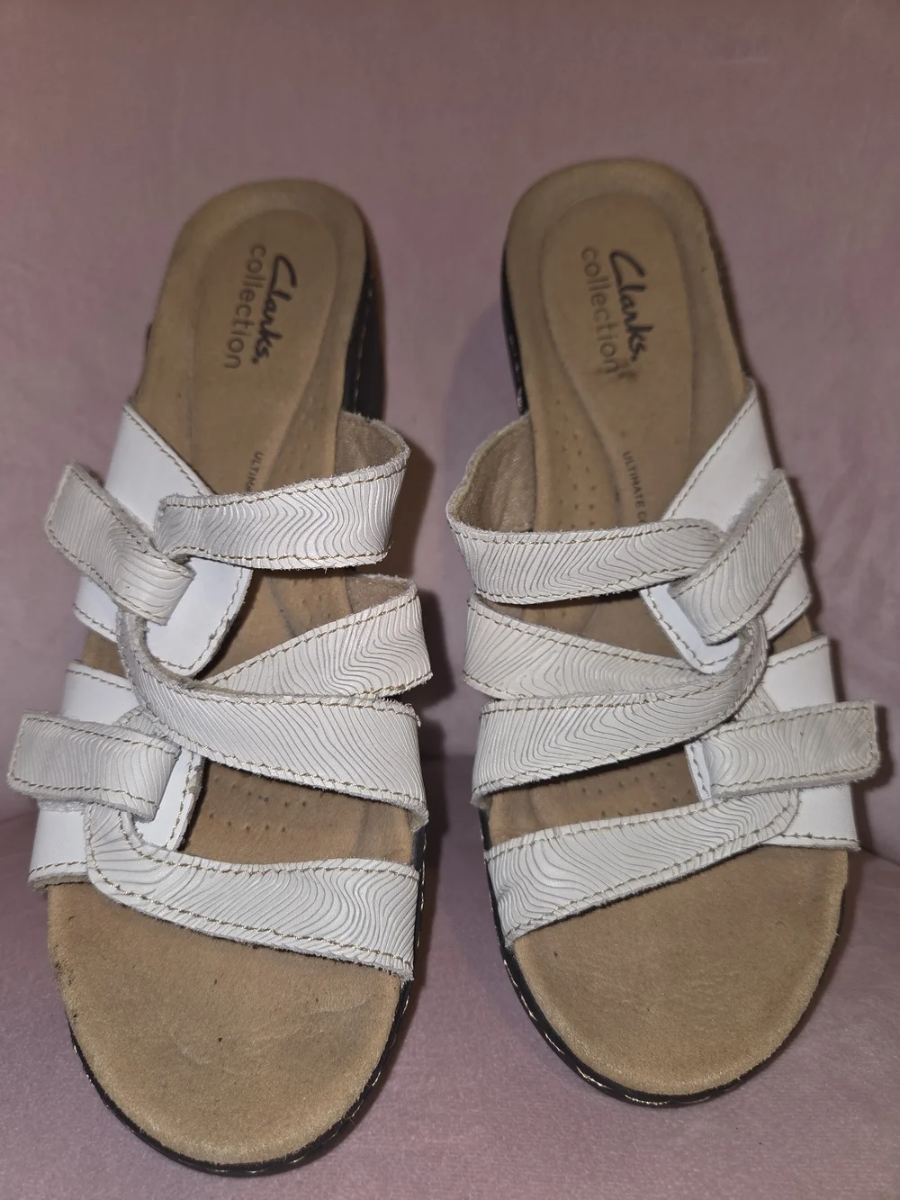 Clarks White Multi-Strap Wedge Slide Sandals